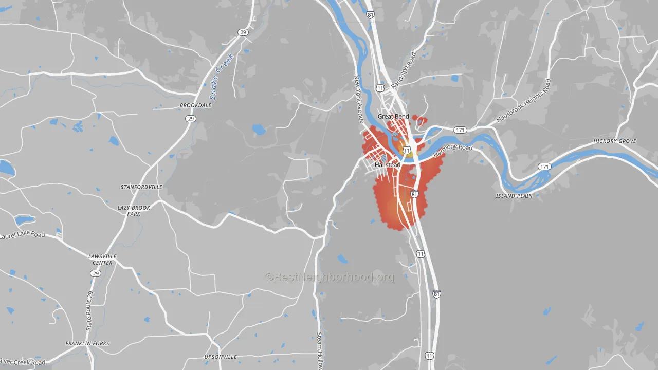 Walk Grade map of Hallstead, PA, walkable areas in green and car-dependent areas in red