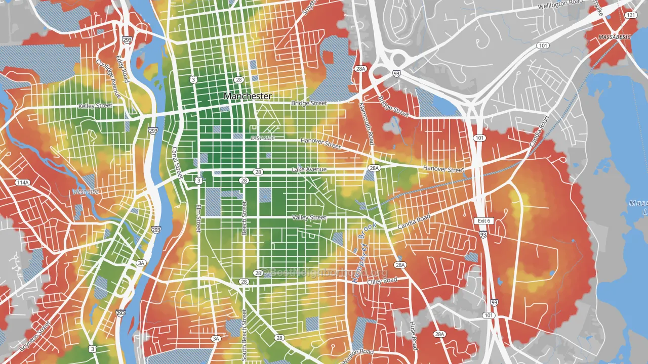 Walk Grade map of Hallsville, Manchester, NH, walkable areas in green and car-dependent areas in red