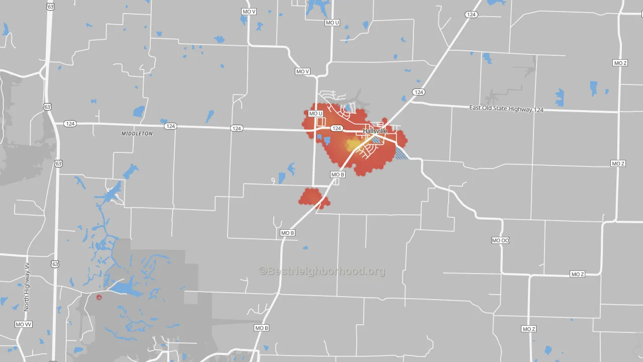 Walk Grade map of Hallsville, MO, walkable areas in green and car-dependent areas in red