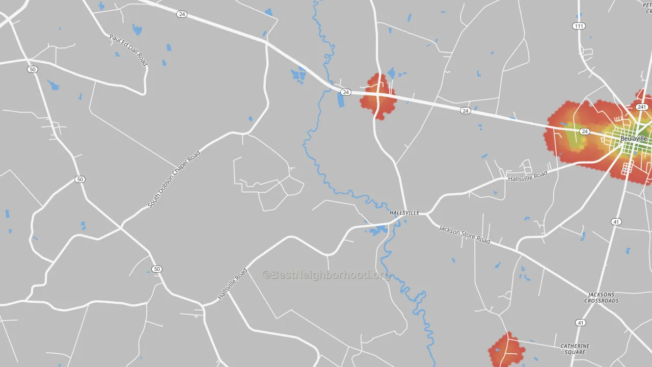 Walk Grade map of Hallsville, NC, walkable areas in green and car-dependent areas in red