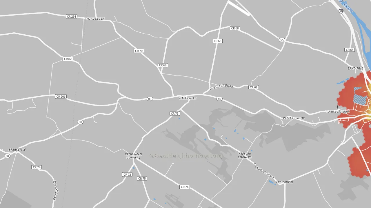Walk Grade map of Hallsville, NY, walkable areas in green and car-dependent areas in red