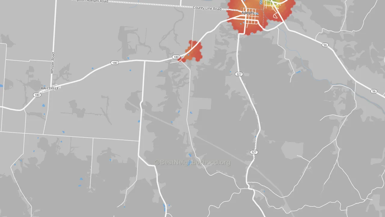 Walk Grade map of Hallsville, OH, walkable areas in green and car-dependent areas in red