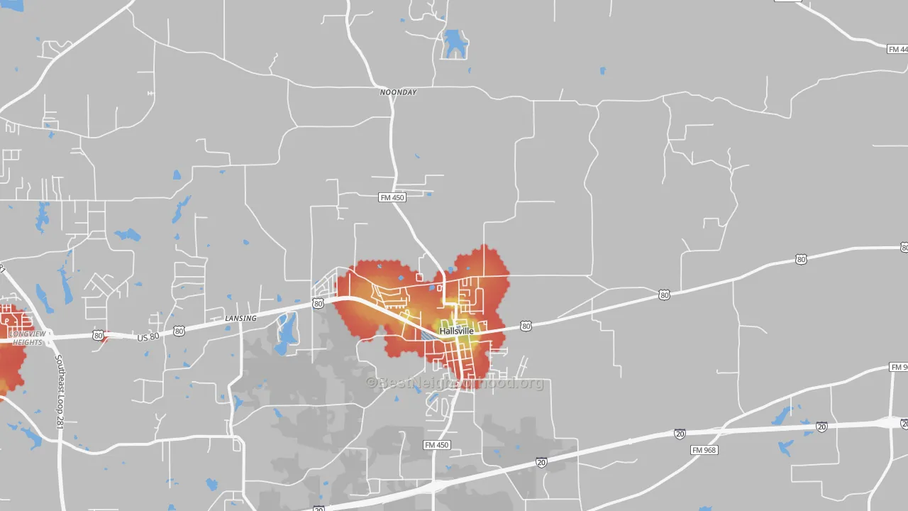 Walk Grade map of Hallsville, TX, walkable areas in green and car-dependent areas in red