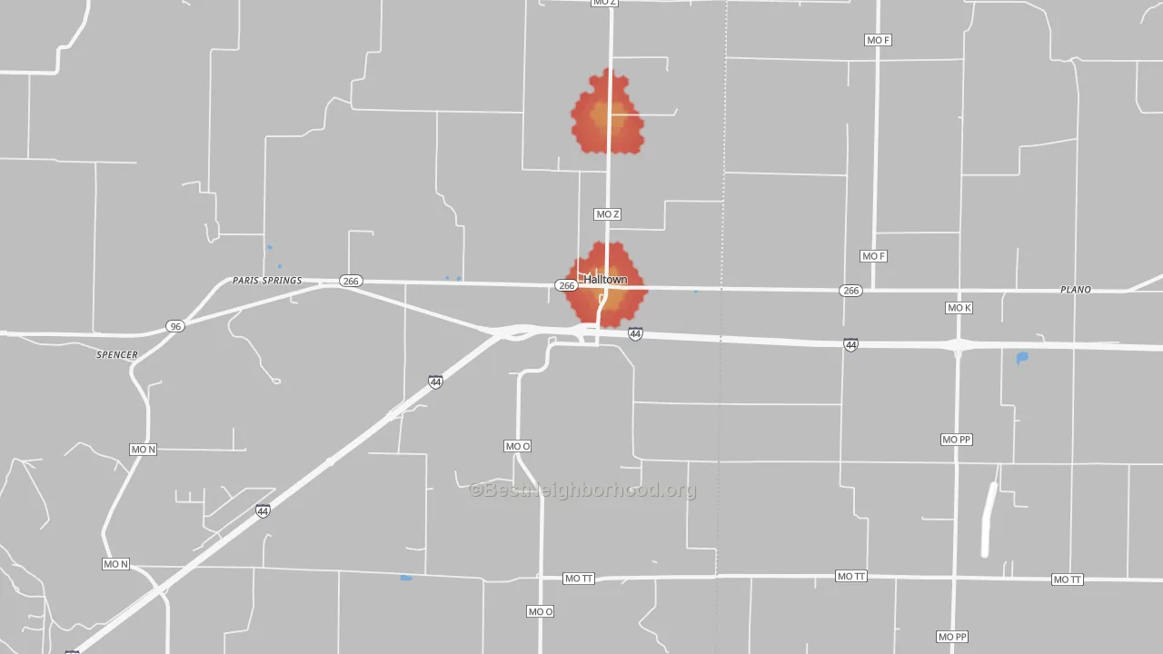 Walk Grade map of Halltown, MO, walkable areas in green and car-dependent areas in red