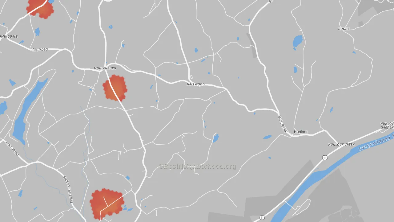 Walk Grade map of Hallwood, PA, walkable areas in green and car-dependent areas in red