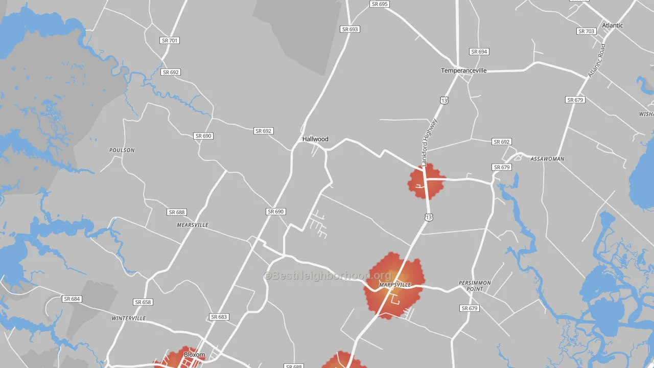 Walk Grade map of Hallwood, VA, walkable areas in green and car-dependent areas in red