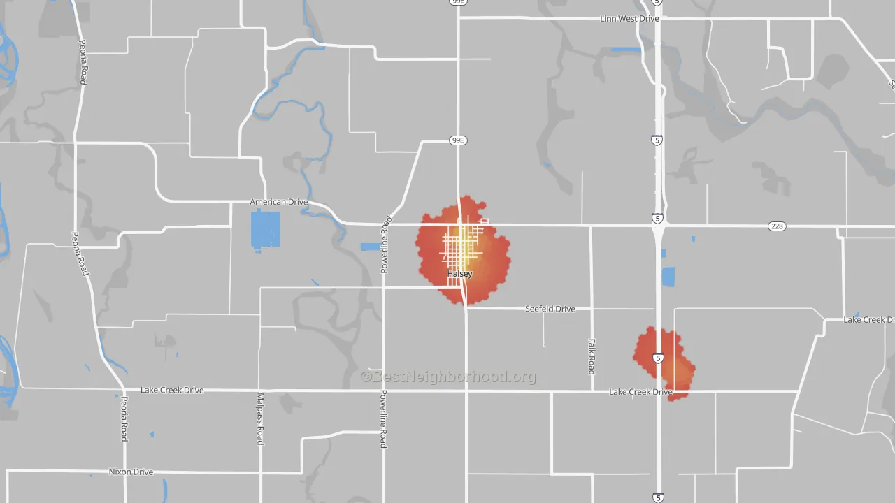 Walk Grade map of Halsey, OR, walkable areas in green and car-dependent areas in red