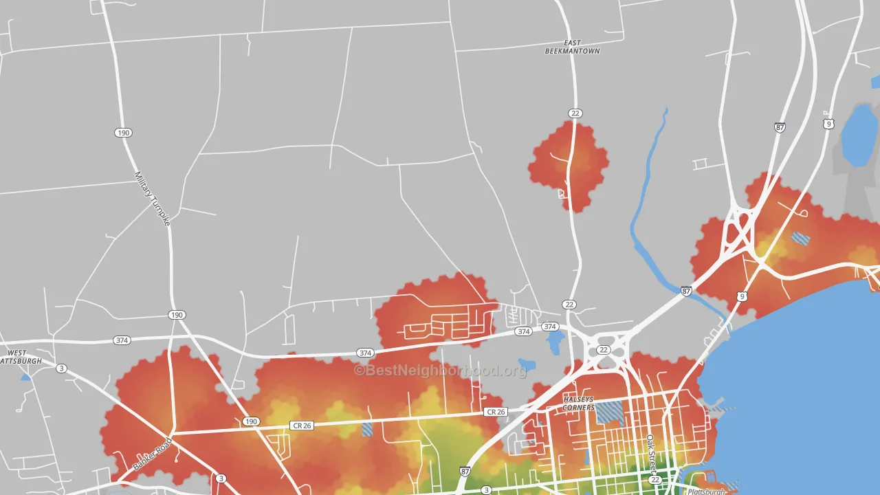 Walk Grade map of Halseys Corners, NY, walkable areas in green and car-dependent areas in red