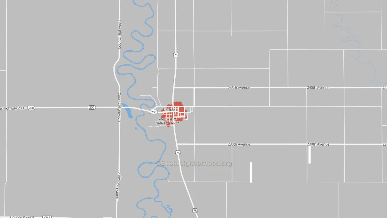 Walk Grade map of Halstad, MN, walkable areas in green and car-dependent areas in red