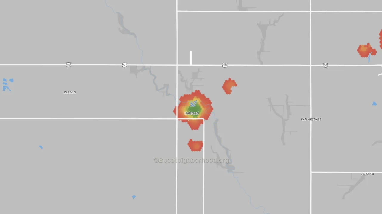 Walk Grade map of Halstead, KS, walkable areas in green and car-dependent areas in red