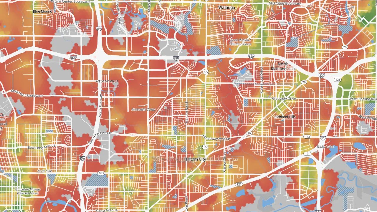 Walk Grade map of Haltom City, TX, walkable areas in green and car-dependent areas in red
