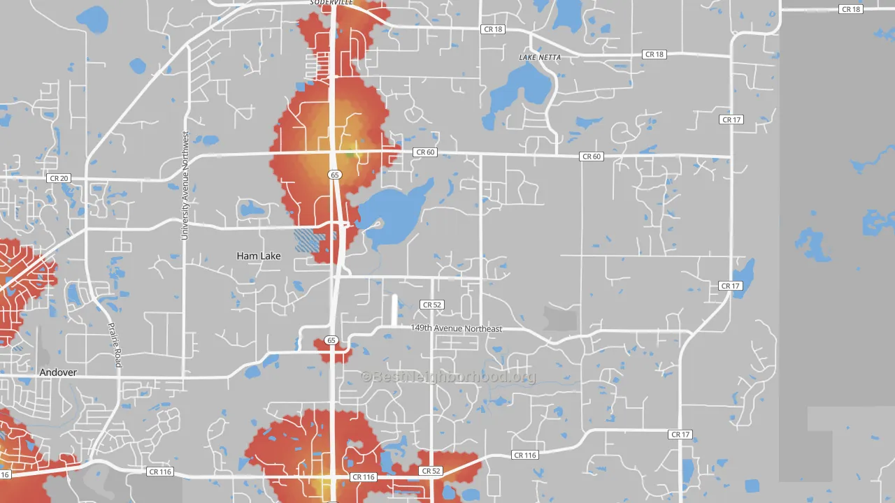 Walk Grade map of Ham Lake, MN, walkable areas in green and car-dependent areas in red