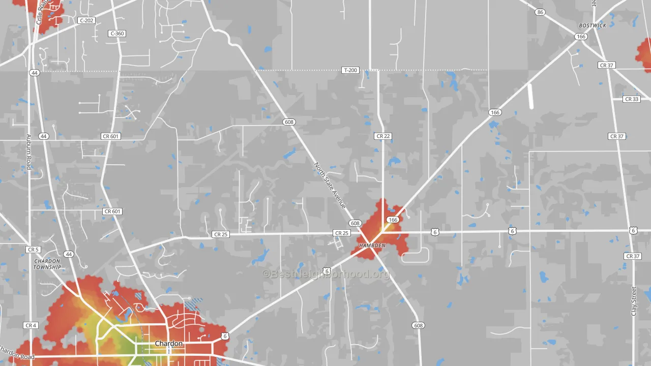 Walk Grade map of Hambden, OH, walkable areas in green and car-dependent areas in red