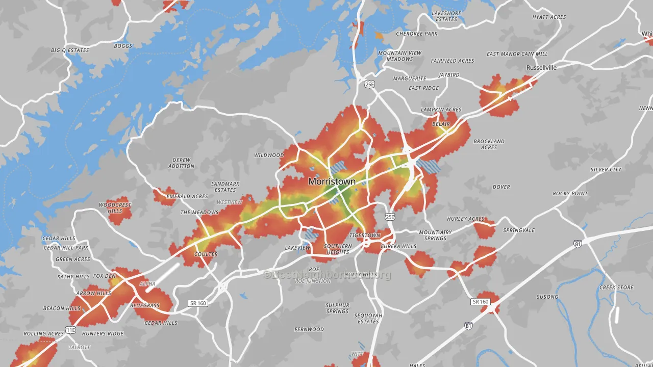 Walk Grade map of Hamblen County, TN, walkable areas in green and car-dependent areas in red