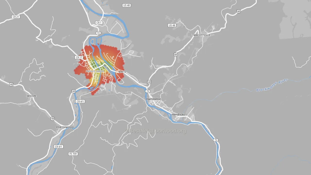 Walk Grade map of Hambleton, WV, walkable areas in green and car-dependent areas in red