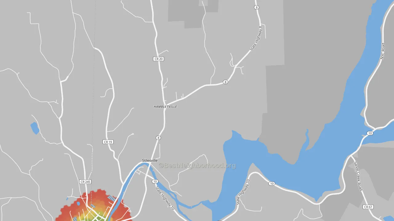 Walk Grade map of Hambletville, NY, walkable areas in green and car-dependent areas in red