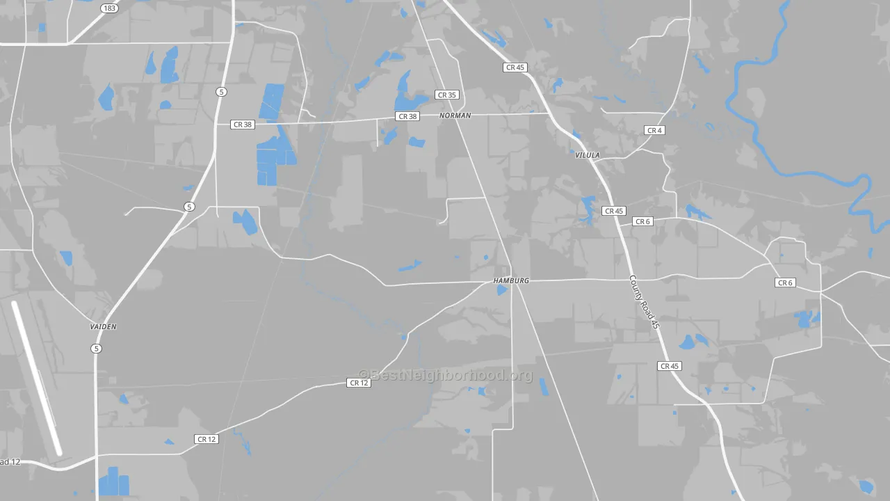 Walk Grade map of Hamburg, AL, walkable areas in green and car-dependent areas in red