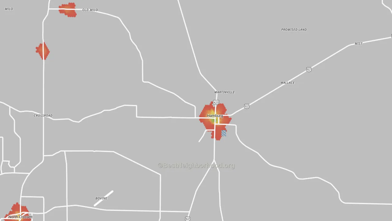 Walk Grade map of Hamburg, AR, walkable areas in green and car-dependent areas in red