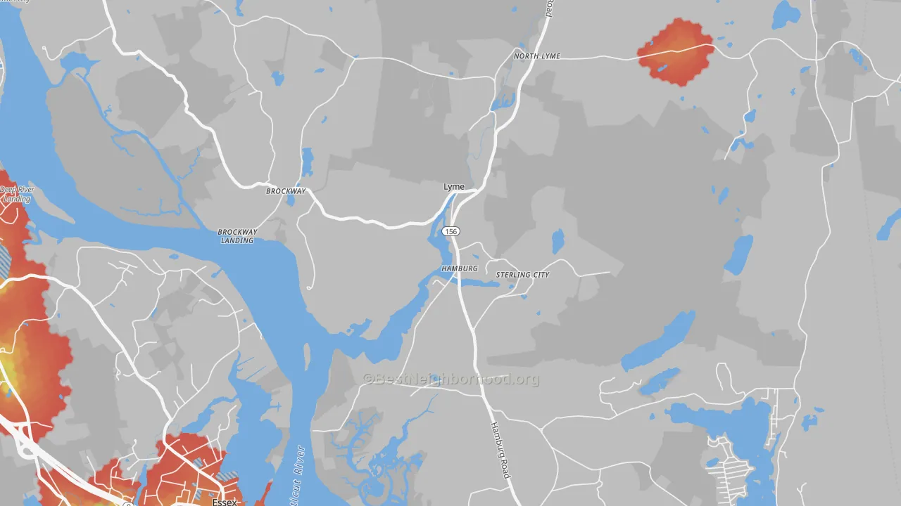 Walk Grade map of Hamburg, CT, walkable areas in green and car-dependent areas in red