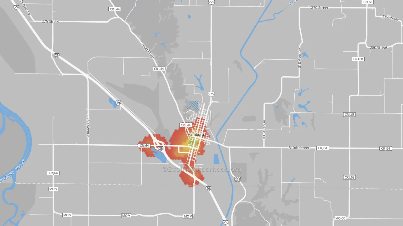 Walk Grade map of Hamburg, IA, walkable areas in green and car-dependent areas in red