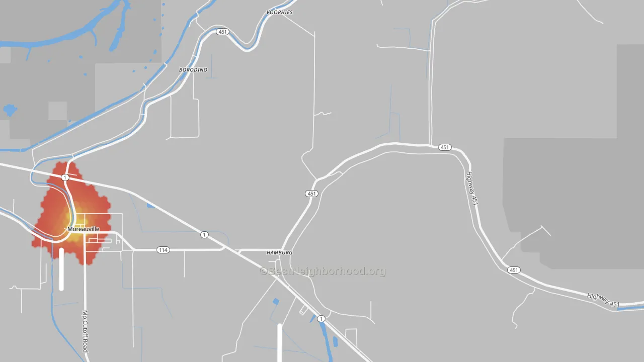 Walk Grade map of Hamburg, LA, walkable areas in green and car-dependent areas in red