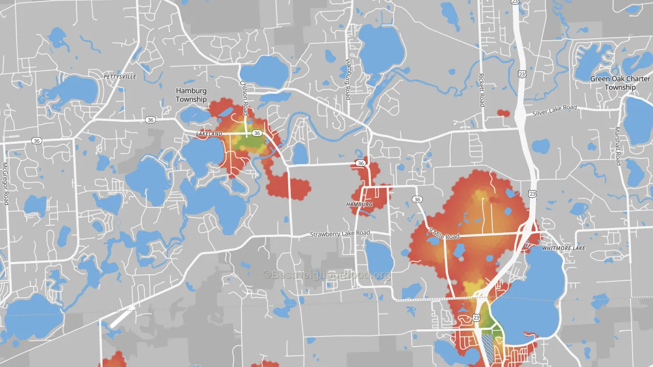 Walk Grade map of Hamburg, MI, walkable areas in green and car-dependent areas in red