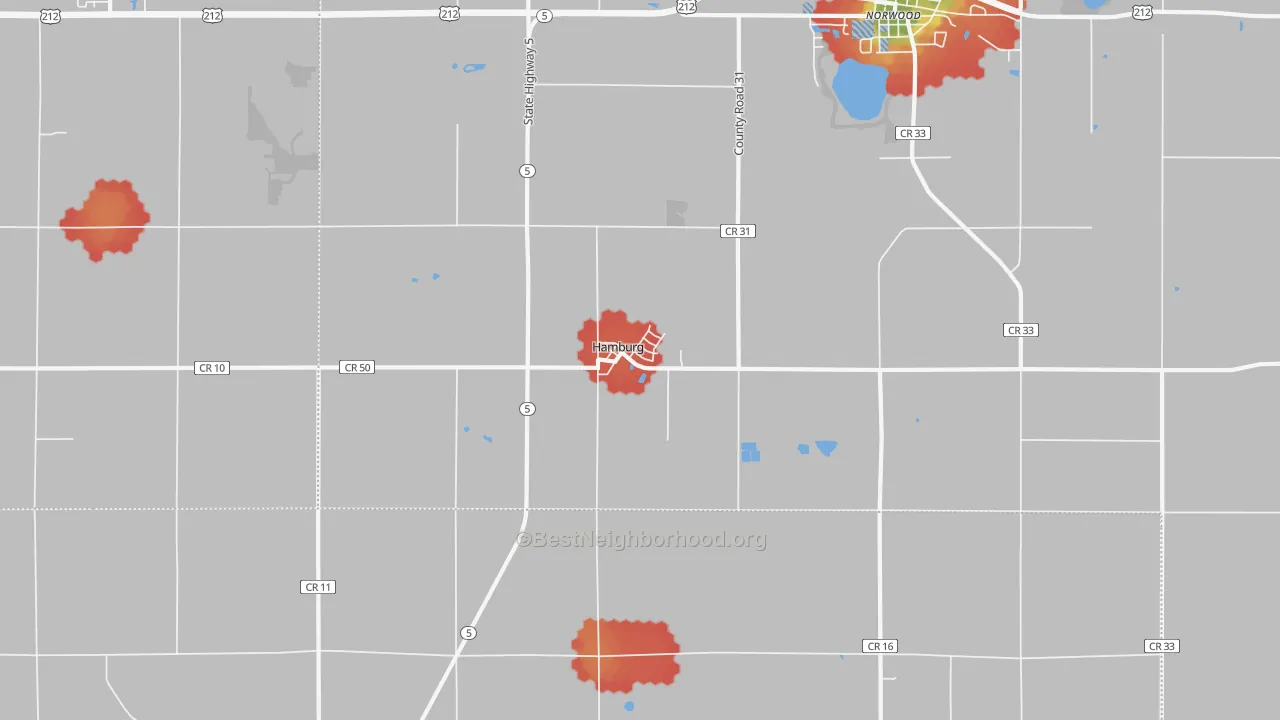 Walk Grade map of Hamburg, MN, walkable areas in green and car-dependent areas in red