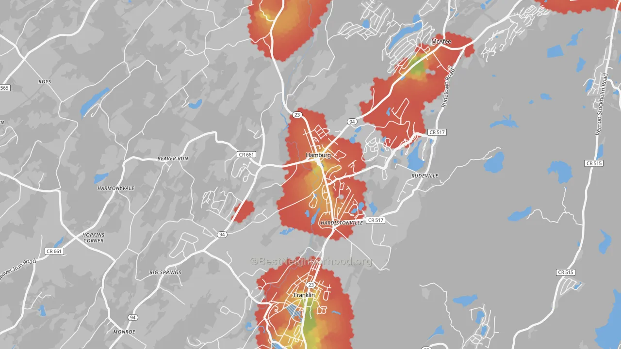 Walk Grade map of Hamburg, NJ, walkable areas in green and car-dependent areas in red