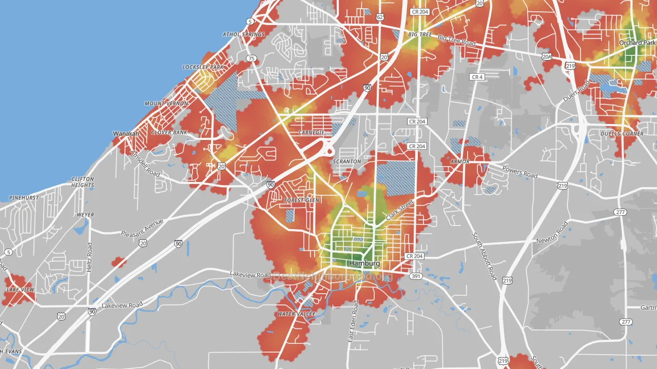 Walk Grade map of Hamburg, NY, walkable areas in green and car-dependent areas in red