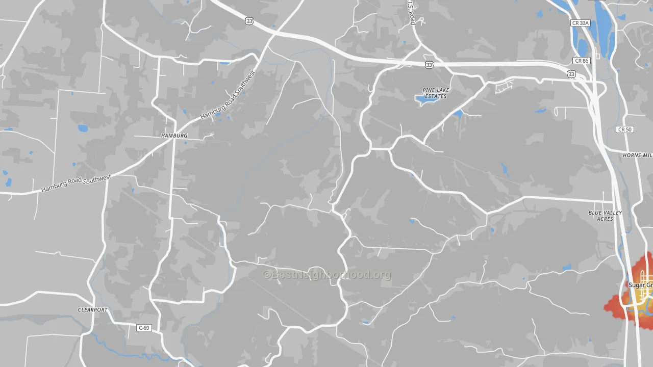Walk Grade map of Hamburg, OH, walkable areas in green and car-dependent areas in red