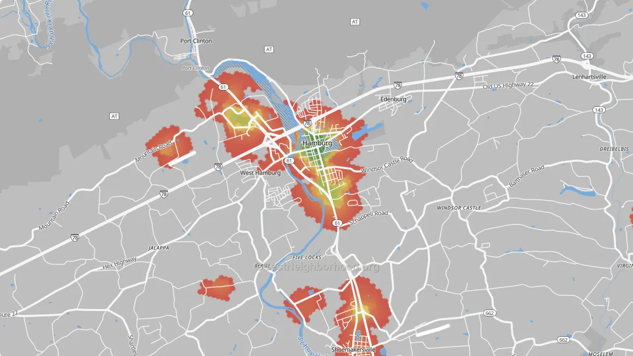 Walk Grade map of Hamburg, PA, walkable areas in green and car-dependent areas in red