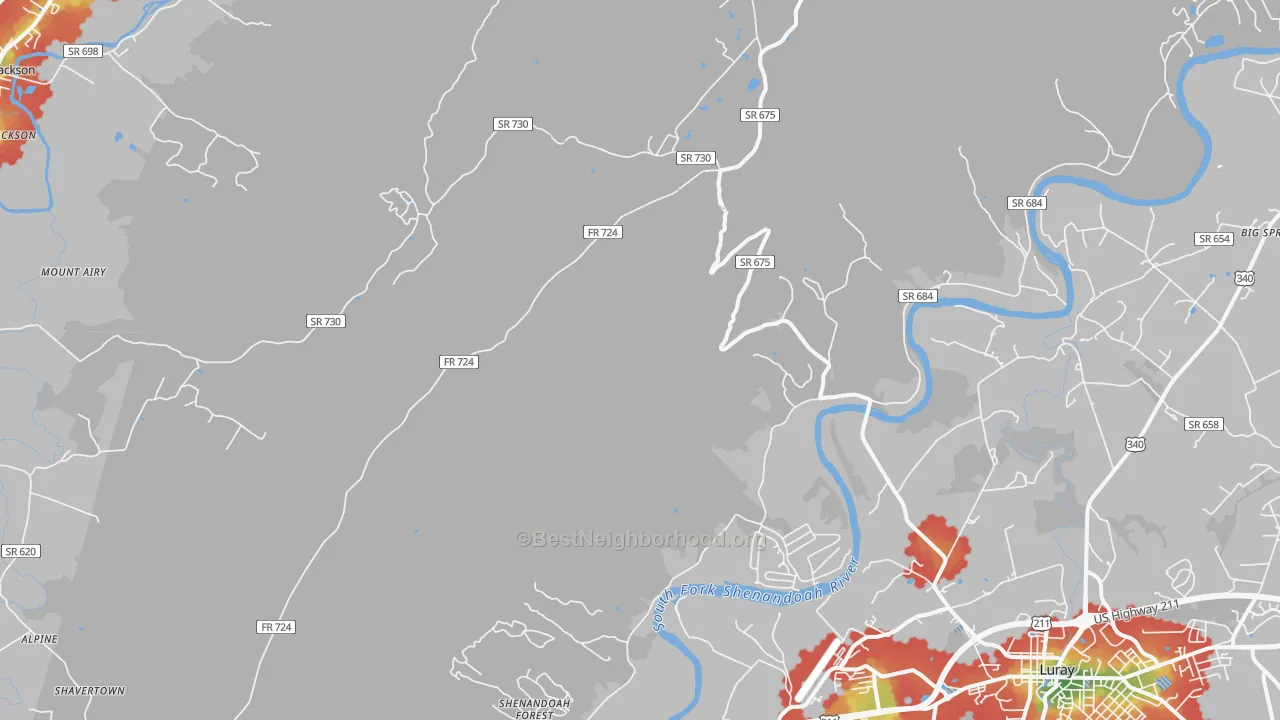 Walk Grade map of Hamburg, VA, walkable areas in green and car-dependent areas in red