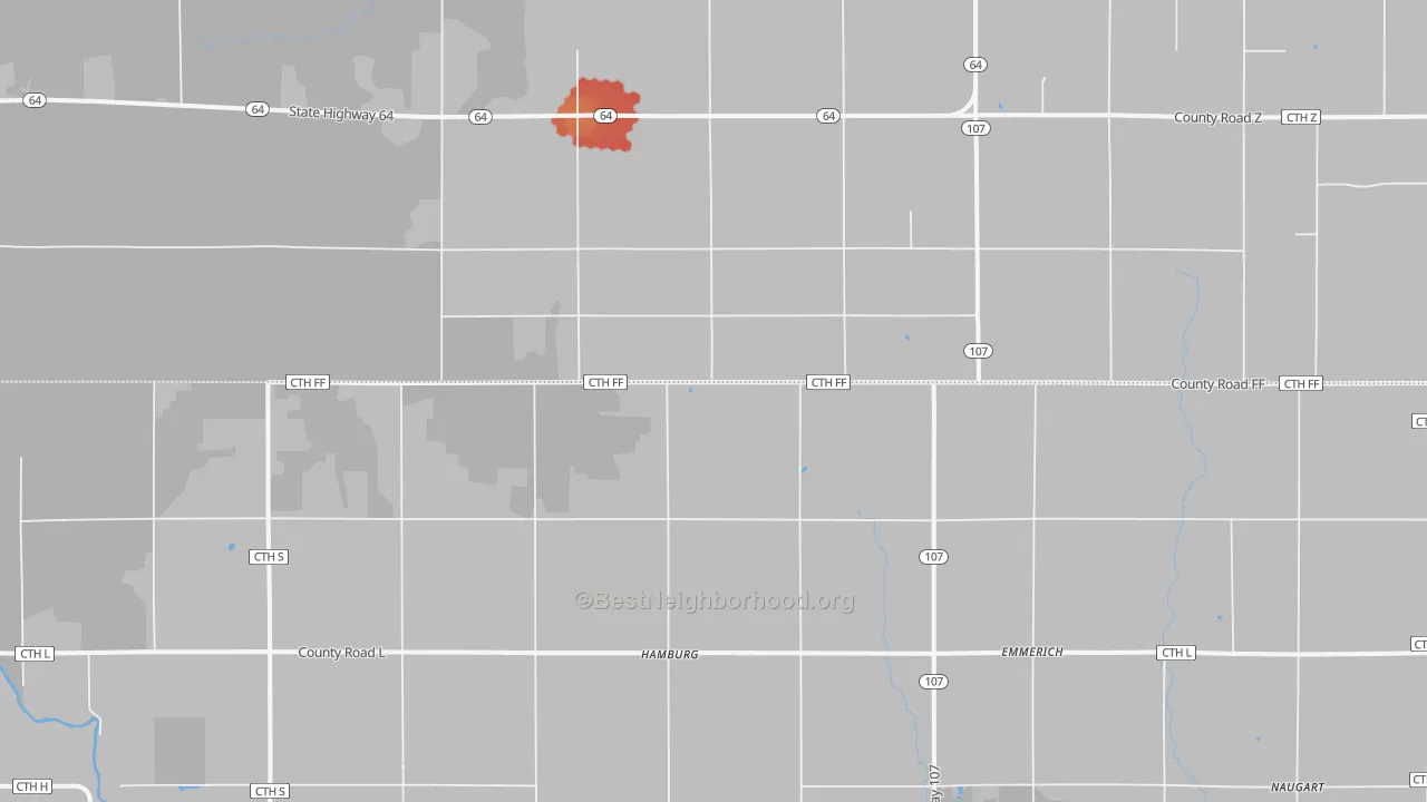 Walk Grade map of Hamburg, WI, walkable areas in green and car-dependent areas in red