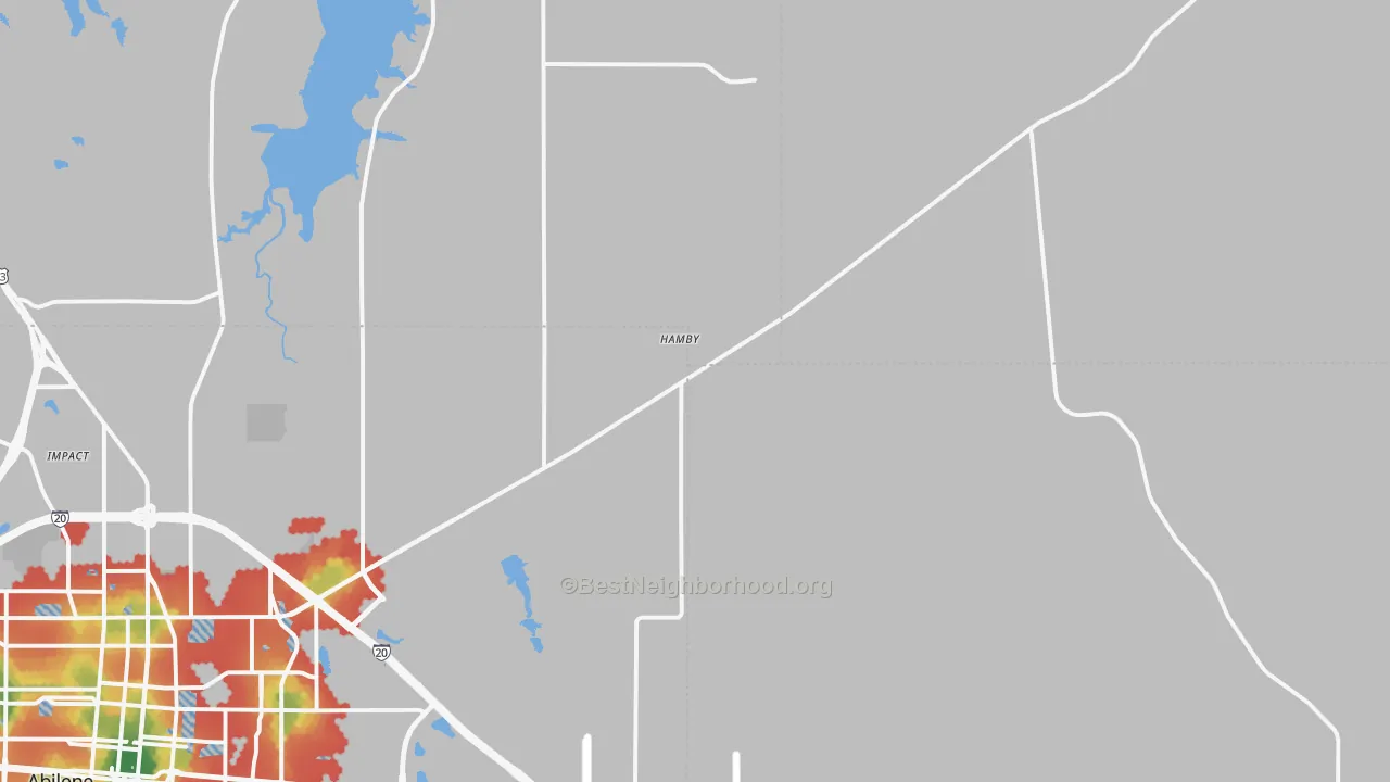 Walk Grade map of Hamby, TX, walkable areas in green and car-dependent areas in red