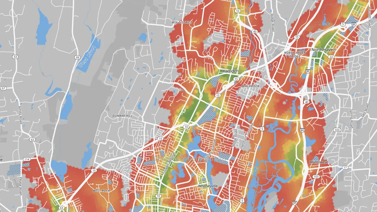 Walk Grade map of Hamden, CT, walkable areas in green and car-dependent areas in red