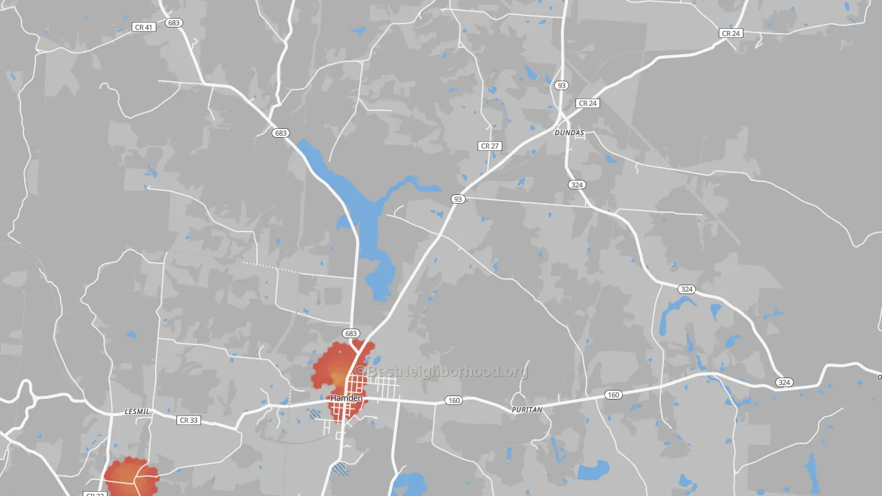 Walk Grade map of Hamden, OH, walkable areas in green and car-dependent areas in red