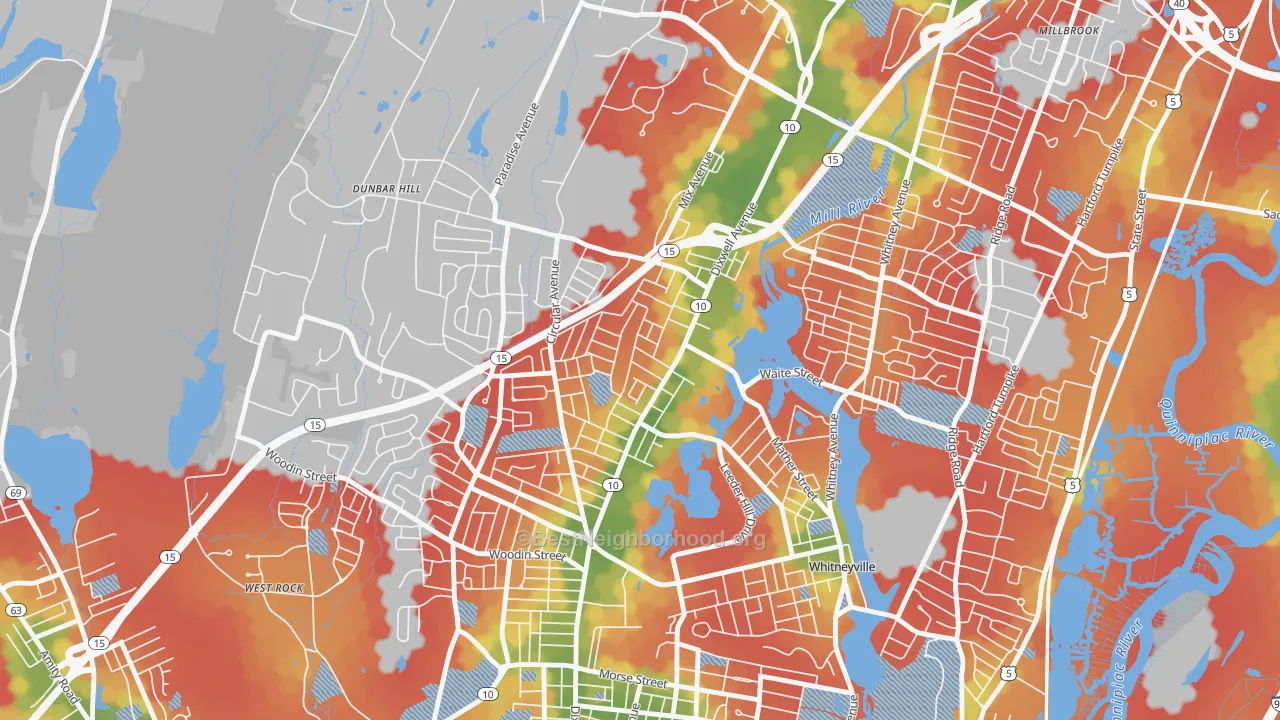 Walk Grade map of Hamden Plains, Hamden, CT, walkable areas in green and car-dependent areas in red