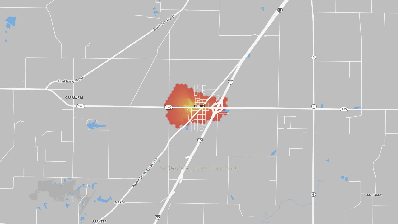 Walk Grade map of Hamel, IL, walkable areas in green and car-dependent areas in red