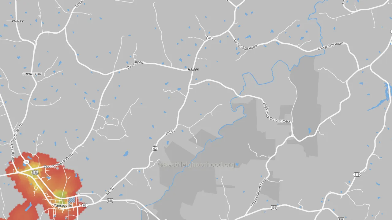 Walk Grade map of Hamer, NC, walkable areas in green and car-dependent areas in red