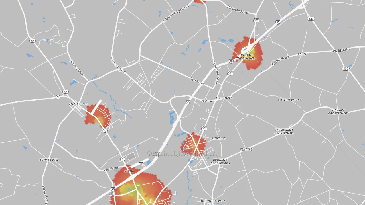 Walk Grade map of Hamer, SC, walkable areas in green and car-dependent areas in red