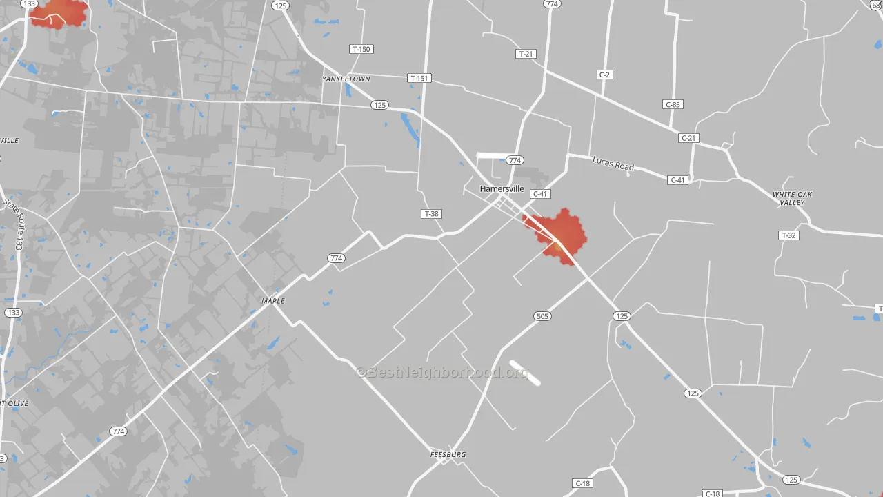 Walk Grade map of Hamersville, OH, walkable areas in green and car-dependent areas in red