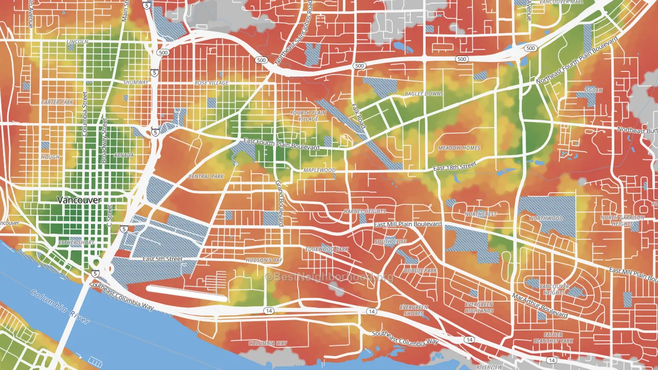 Walk Grade map of Hamey Heights, Vancouver, WA, walkable areas in green and car-dependent areas in red