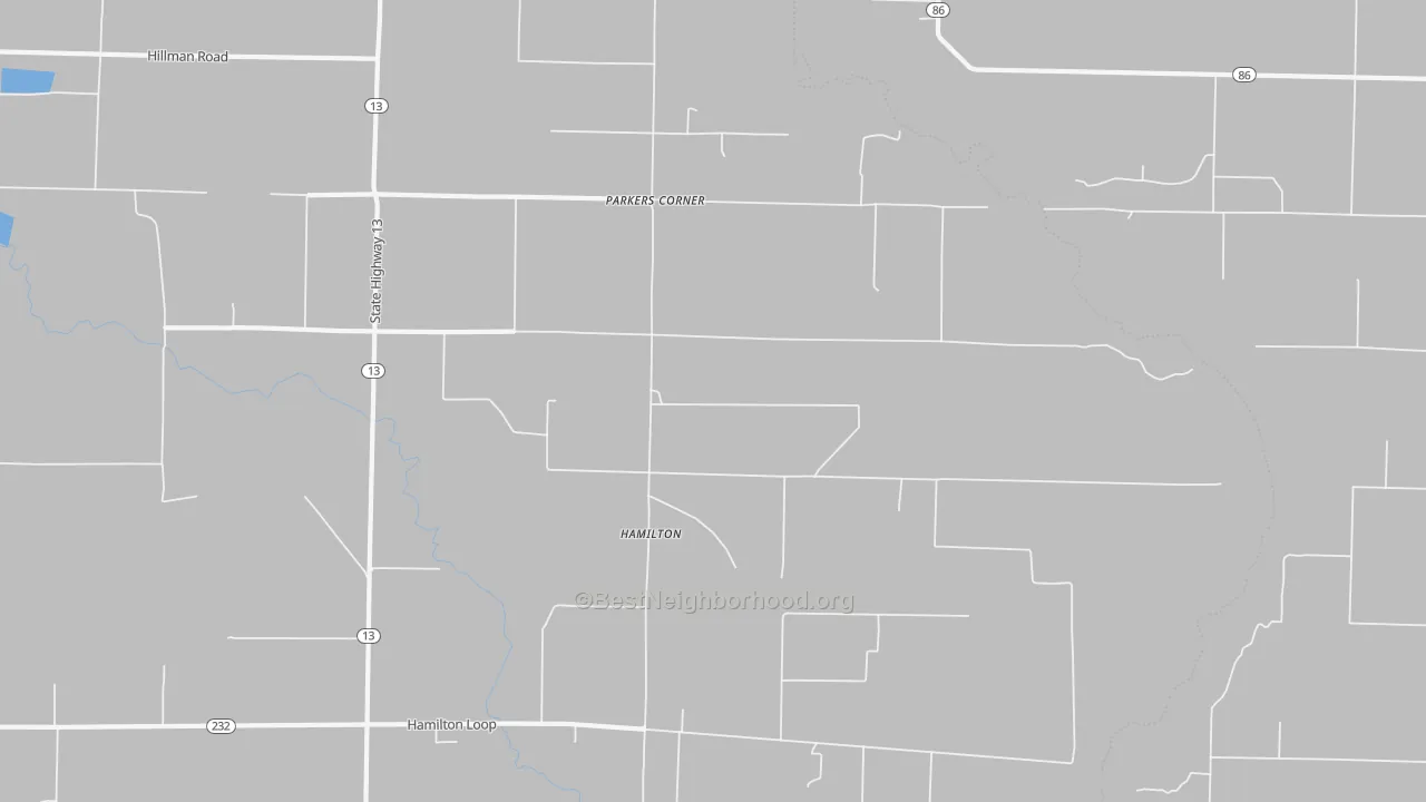 Walk Grade map of Hamilton, AR, walkable areas in green and car-dependent areas in red