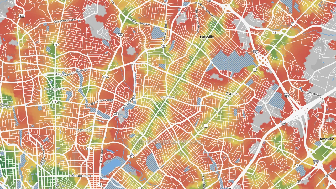 Walk Grade map of Hamilton Area, Baltimore, MD, walkable areas in green and car-dependent areas in red