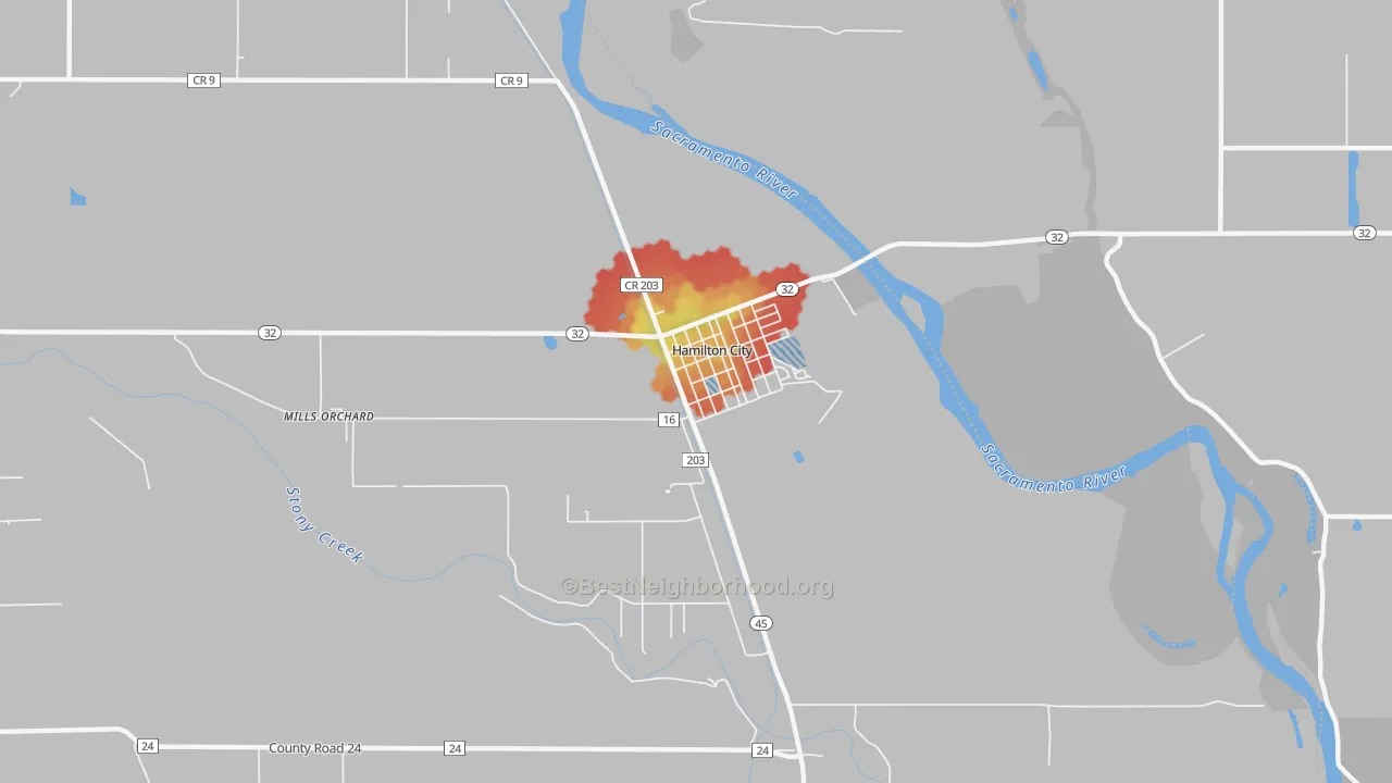 Walk Grade map of Hamilton City, CA, walkable areas in green and car-dependent areas in red