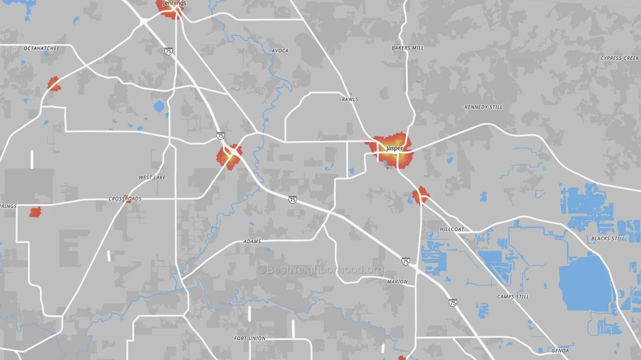 Walk Grade map of Hamilton County, FL, walkable areas in green and car-dependent areas in red