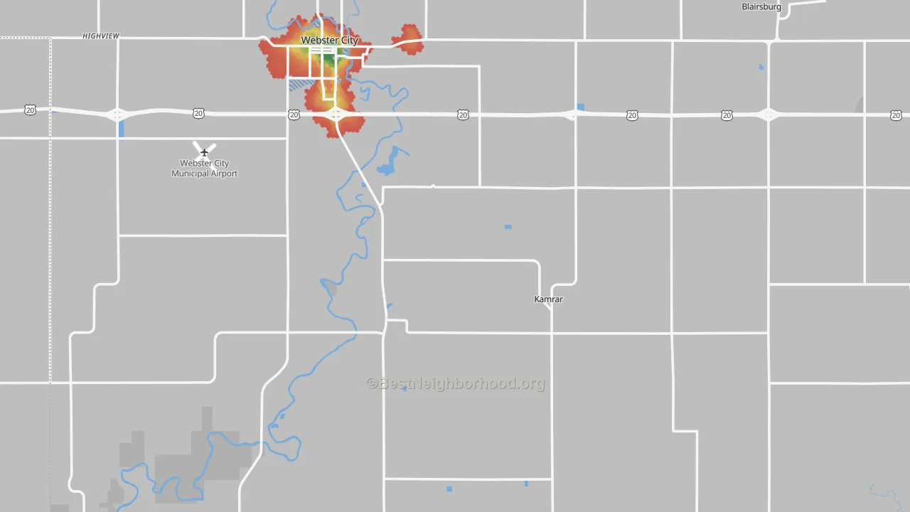 Walk Grade map of Hamilton County, IA, walkable areas in green and car-dependent areas in red