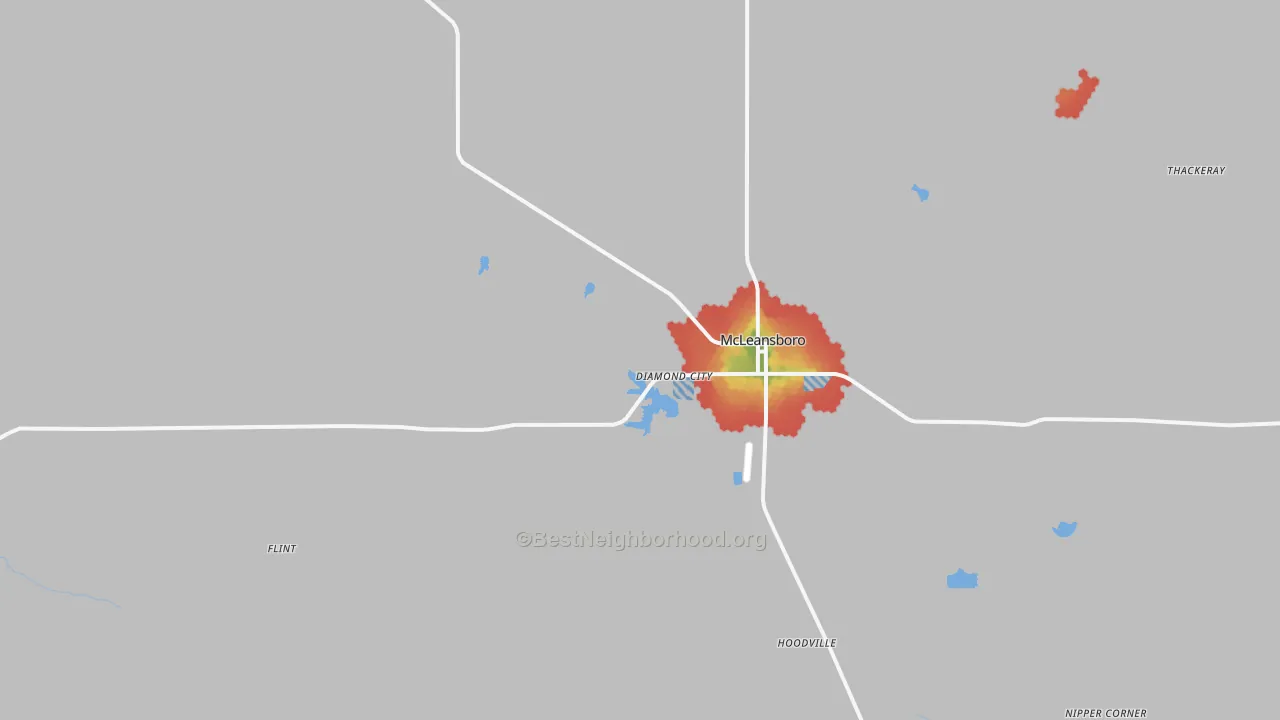Walk Grade map of Hamilton County, IL, walkable areas in green and car-dependent areas in red