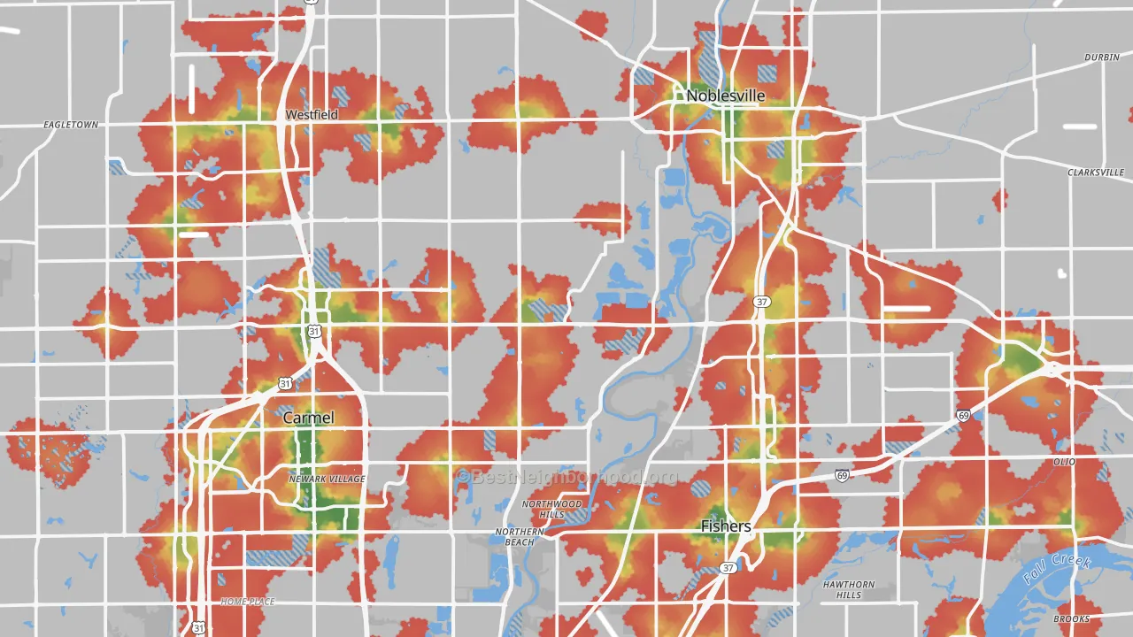 Walk Grade map of Hamilton County, IN, walkable areas in green and car-dependent areas in red