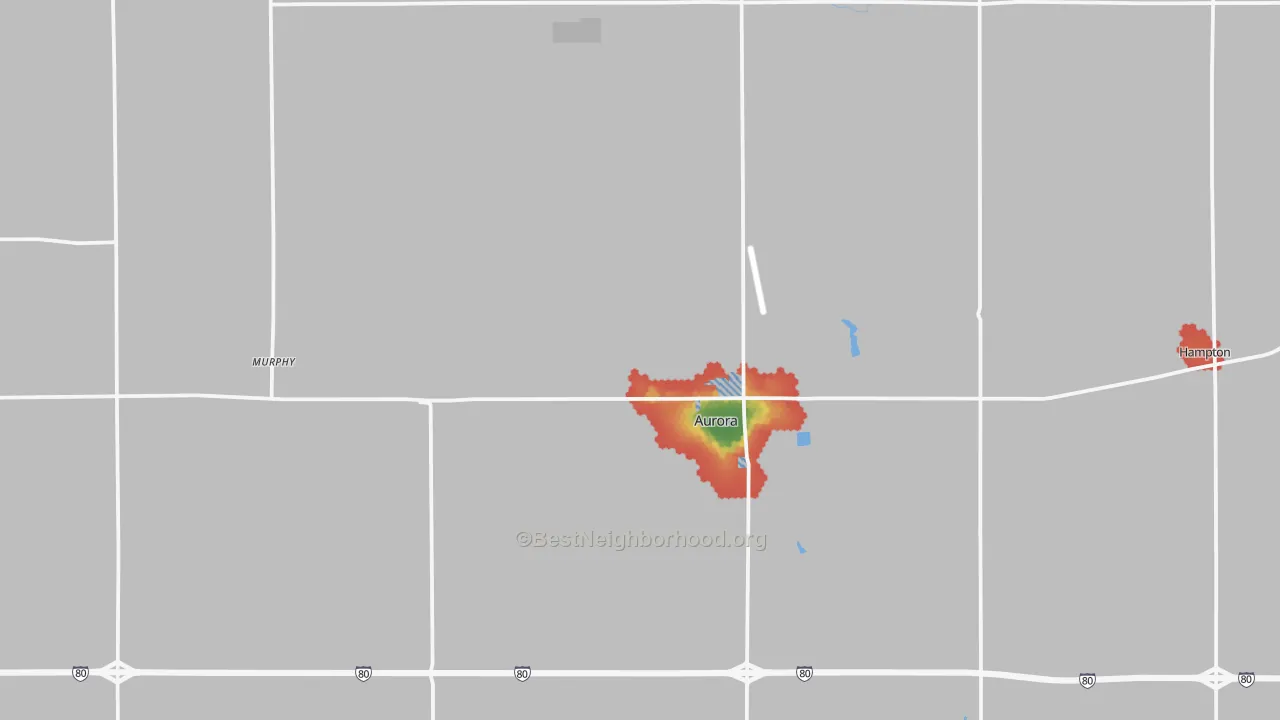 Walk Grade map of Hamilton County, NE, walkable areas in green and car-dependent areas in red